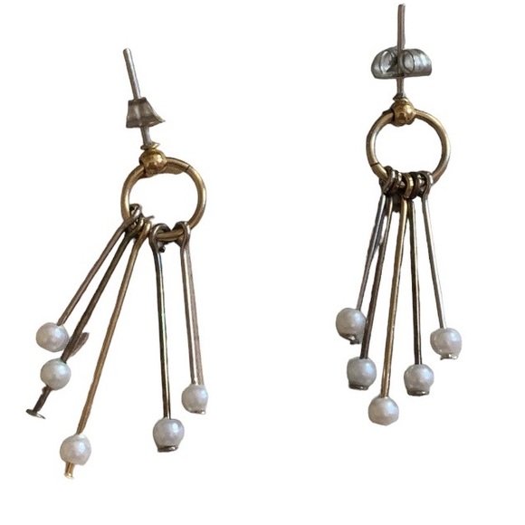 Vintage Two Tone Silver Gold Tone Faux Pearl Dangle Post Earrings - Picture 2 of 5